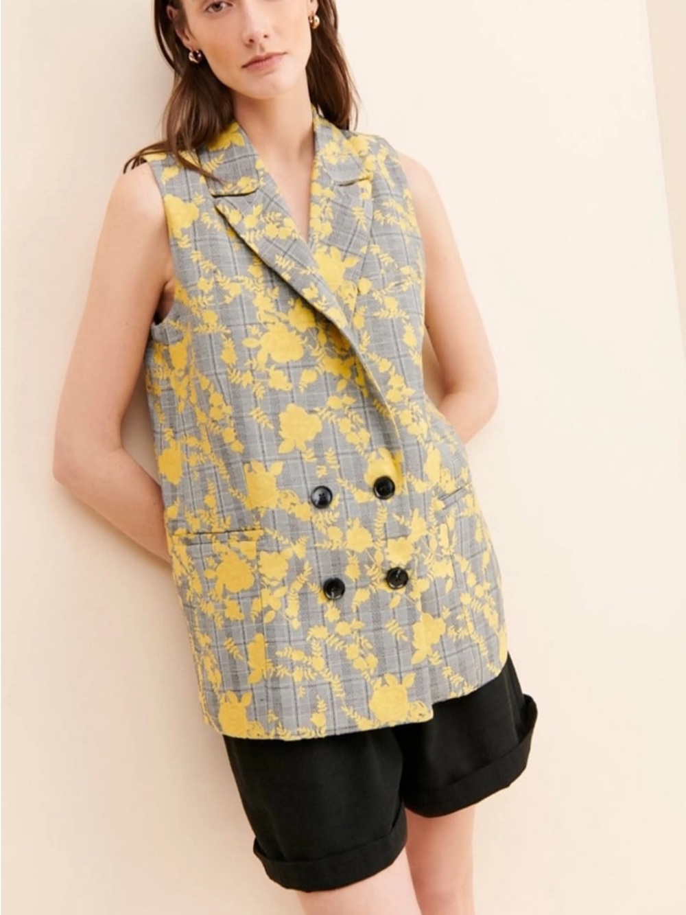 Hutch Anthropology Floral Plaid Double Breasted Vest